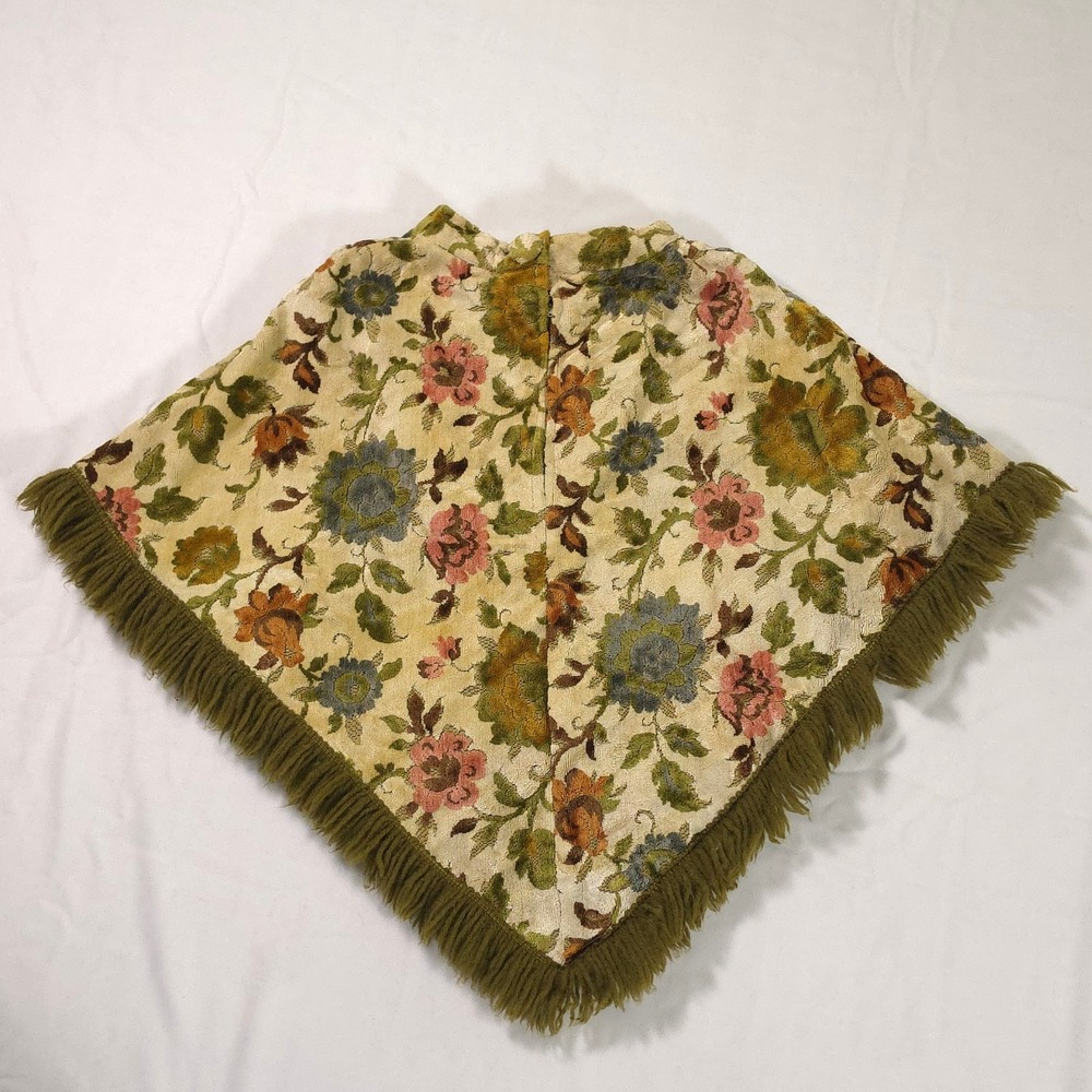 Vintage Floral Tapestry Poncho Cape Fringe Hem Boho Festival 70s 60s OOAK